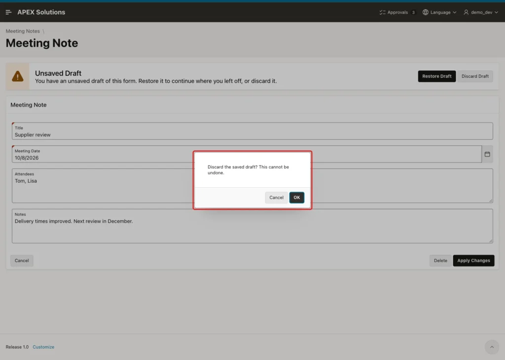 Meeting Note page with the confirm dialog Discard the saved draft? This cannot be undone. marked with a red box