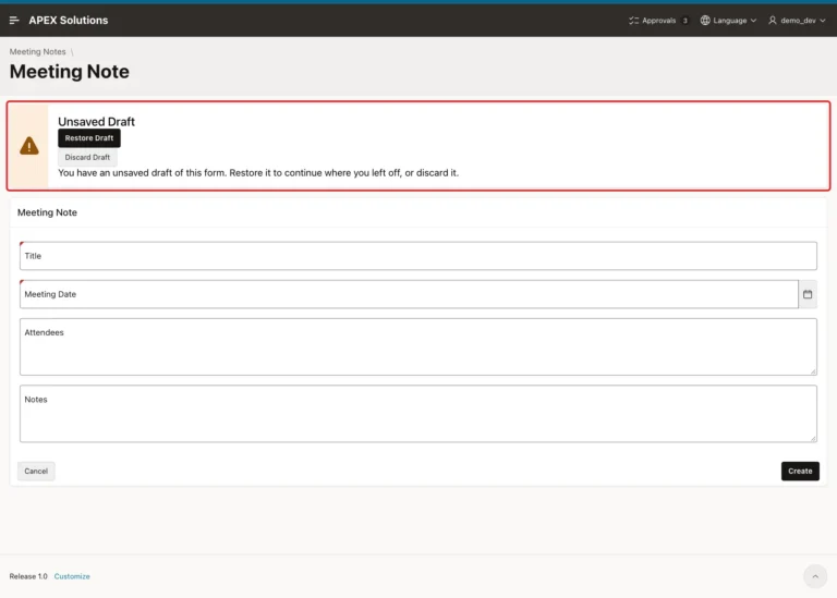 Meeting Note page with the Unsaved Draft alert, Restore Draft and Discard Draft buttons, marked with a red box above the empty form
