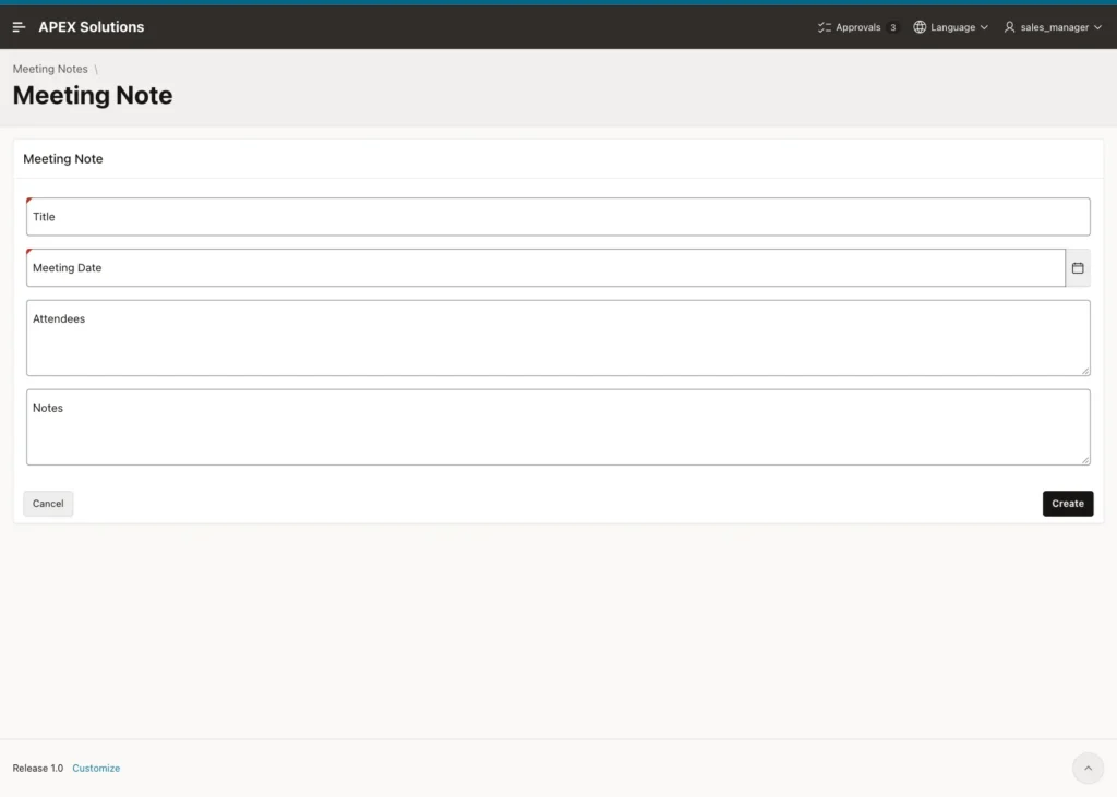 Empty Meeting Note form for SALES_MANAGER without the Unsaved Draft notice