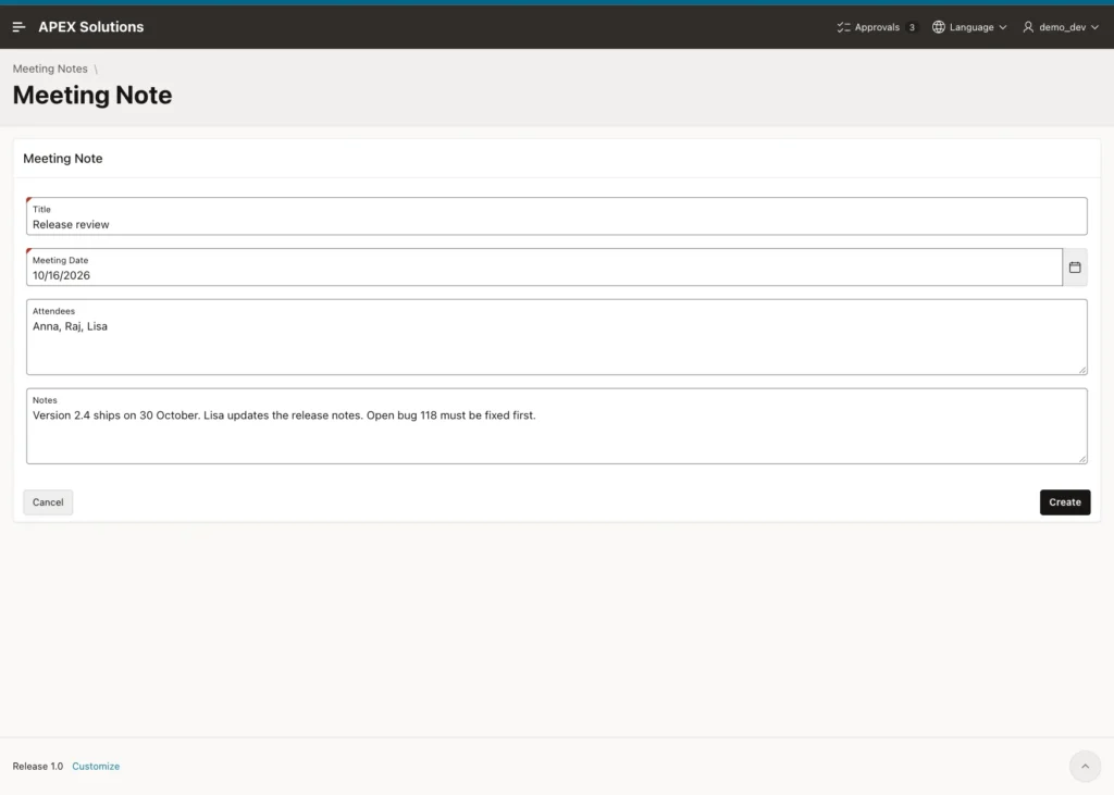 Meeting Note form with all restored values: Release review, 10/16/2026, attendees and notes