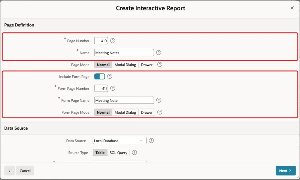 Create Interactive Report wizard with Page Number 410, Name Meeting Notes and the form page settings marked with red boxes