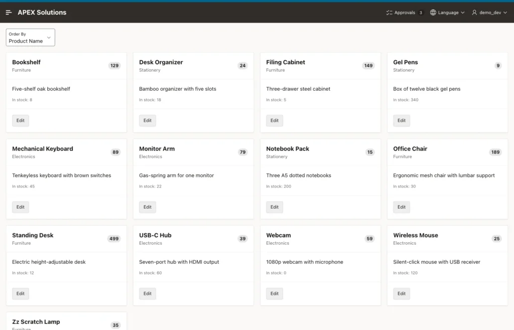 Product Cards page with product cards, each with a price badge and an Edit button