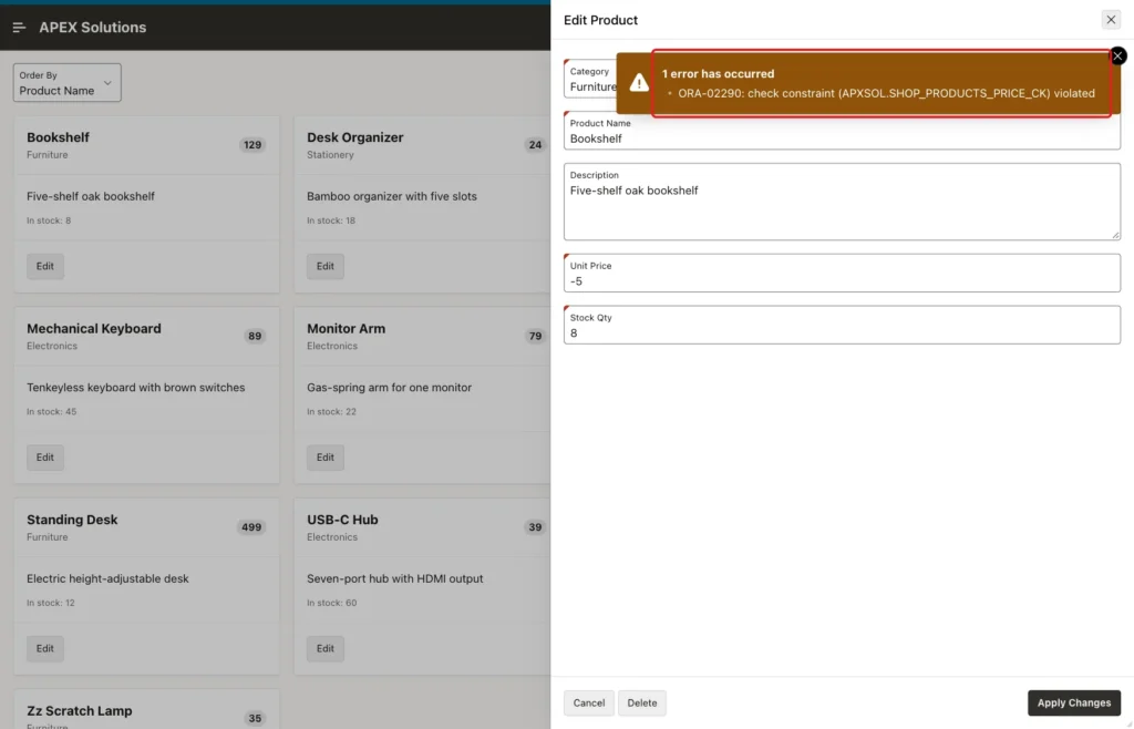 Edit Product drawer with the error ORA-02290 check constraint SHOP_PRODUCTS_PRICE_CK violated marked with a red box