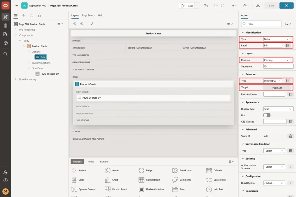 Card action Edit with Type Button, Label Edit, Position Primary, Behavior Type and Target marked with red boxes