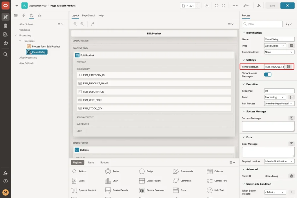 Close Dialog process with Items to Return P321_PRODUCT_ID marked with a red box