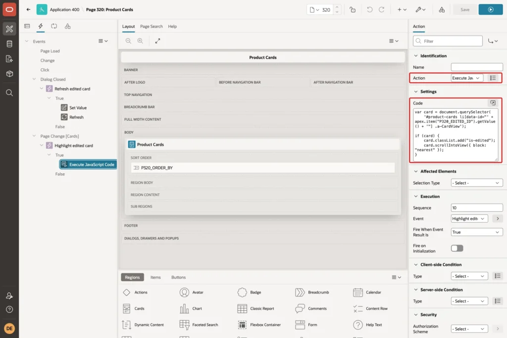 Execute JavaScript Code action with the highlight code marked with a red box