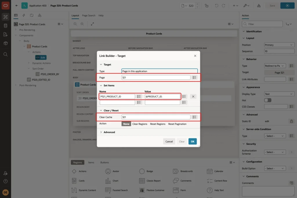 Link Builder with Page 321, item P321_PRODUCT_ID set to &PRODUCT_ID. and Clear Cache 321 marked with red boxes