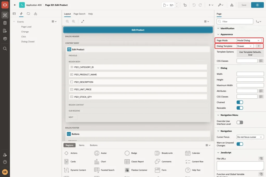 Page 321 properties with Page Mode Modal Dialog and Dialog Template Drawer marked with a red box