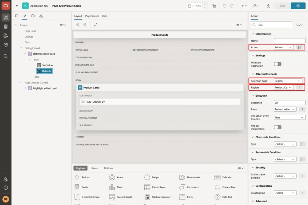 Refresh action with Selection Type Region and Region Product Cards marked with red boxes