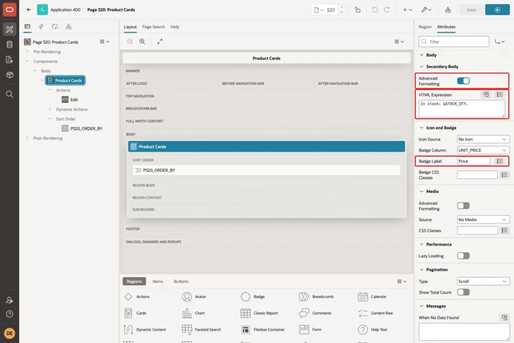 Secondary Body Advanced Formatting and HTML Expression, and Badge Label Price marked with red boxes