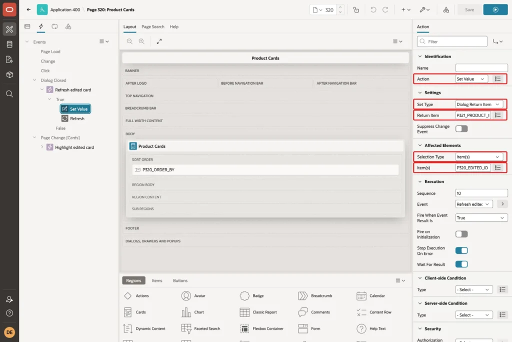 Set Value action with Set Type Dialog Return Item, Return Item P321_PRODUCT_ID and Item(s) P320_EDITED_ID marked with red boxes
