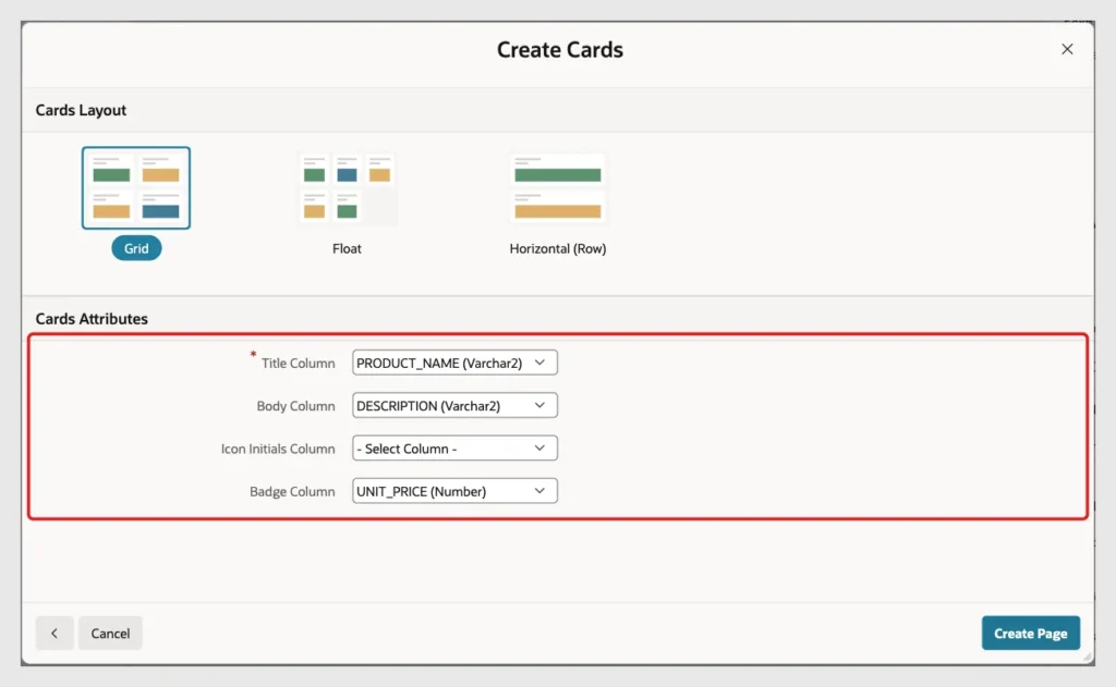 Cards Attributes screen with Title Column PRODUCT_NAME, Body Column DESCRIPTION and Badge Column UNIT_PRICE marked with a red box
