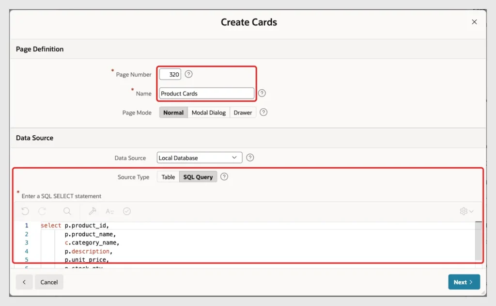 Create Cards wizard with Page Number 320, Name Product Cards and the SQL Query source marked with red boxes