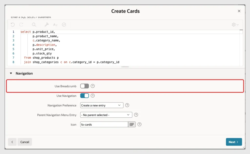 Navigation section of the Create Cards wizard with Use Breadcrumb turned off and marked with a red box