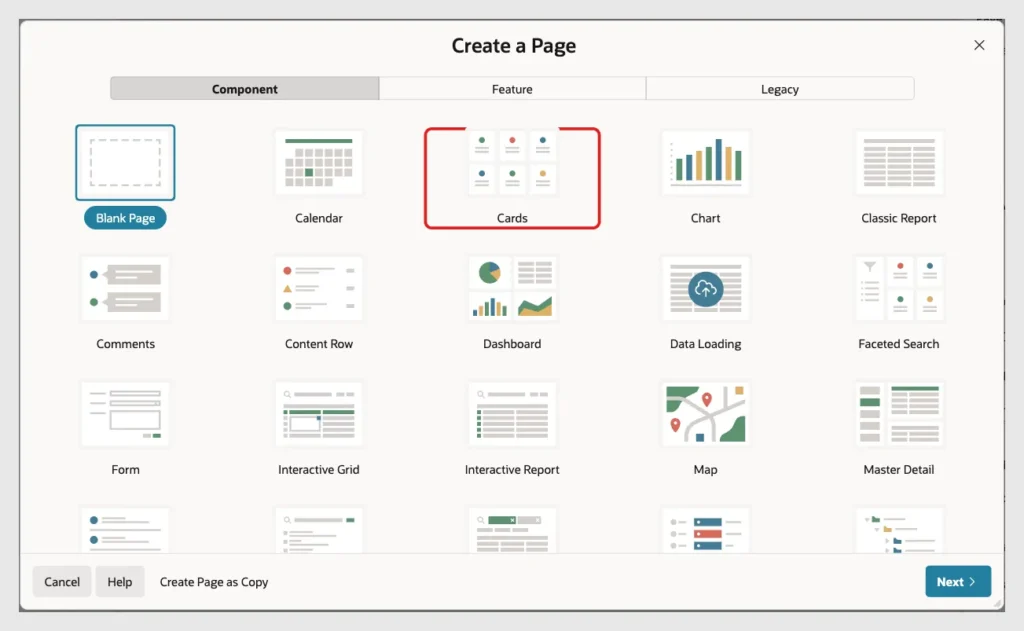 Create a Page dialog with the Cards page type marked with a red box