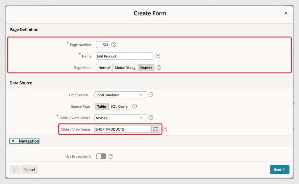 Create Form wizard with Page Number 321, Name Edit Product, Page Mode Drawer and Table / View Name SHOP_PRODUCTS marked with red boxes