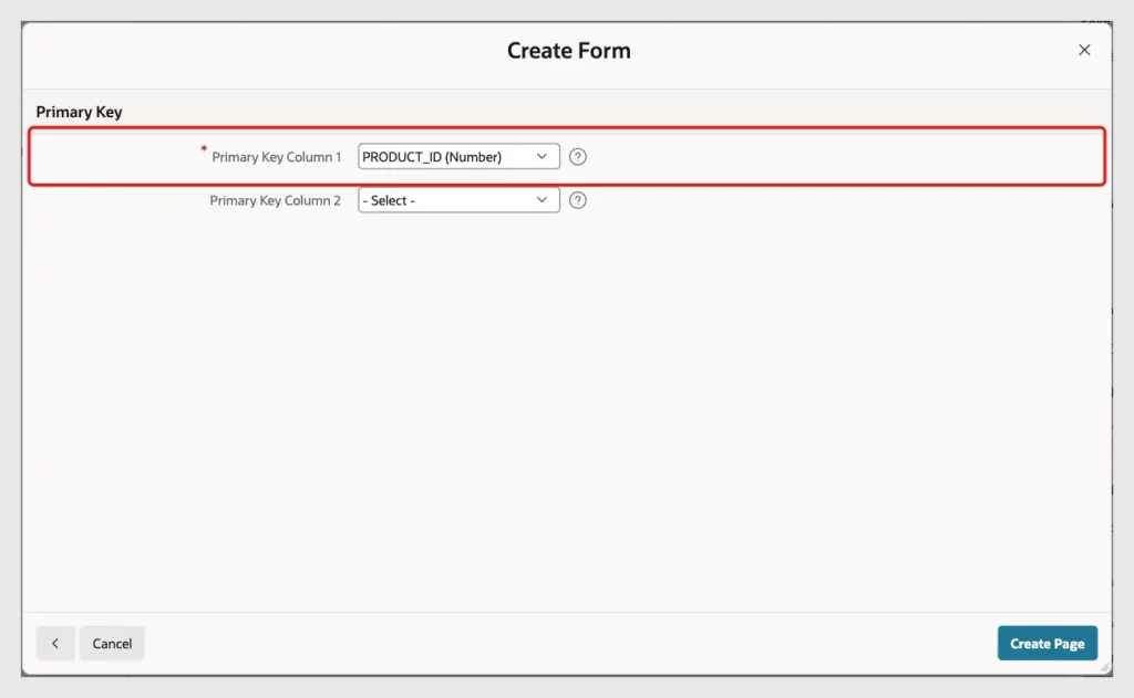 Primary Key screen of the Create Form wizard with Primary Key Column 1 PRODUCT_ID marked with a red box