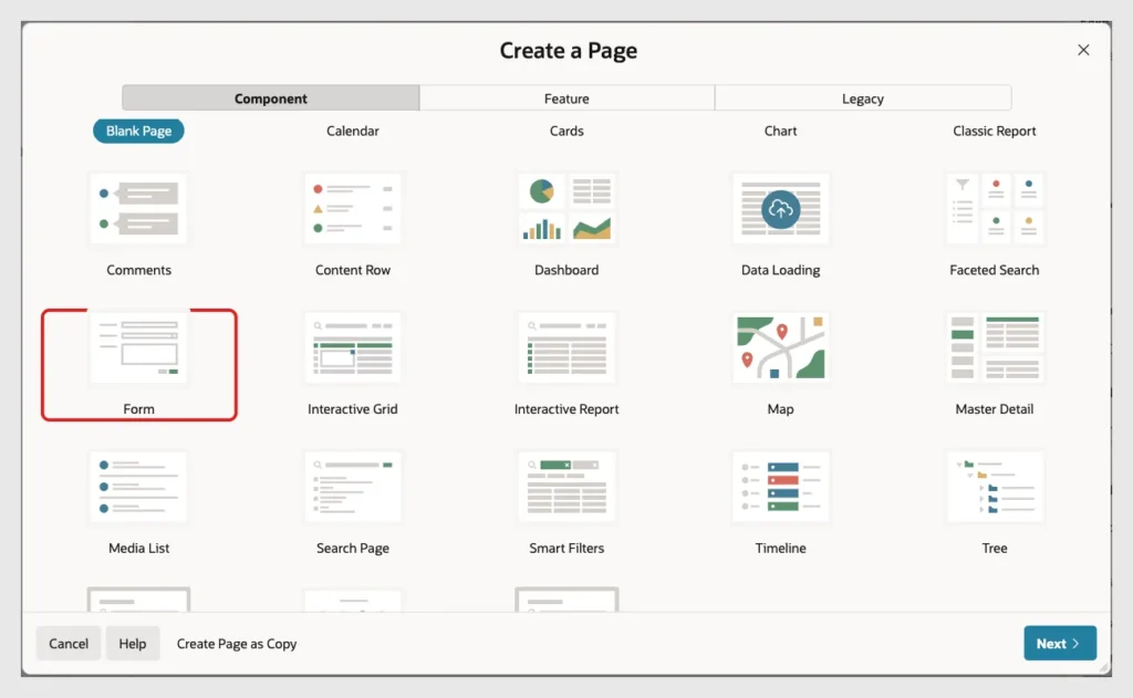 Create a Page dialog with the Form page type marked with a red box
