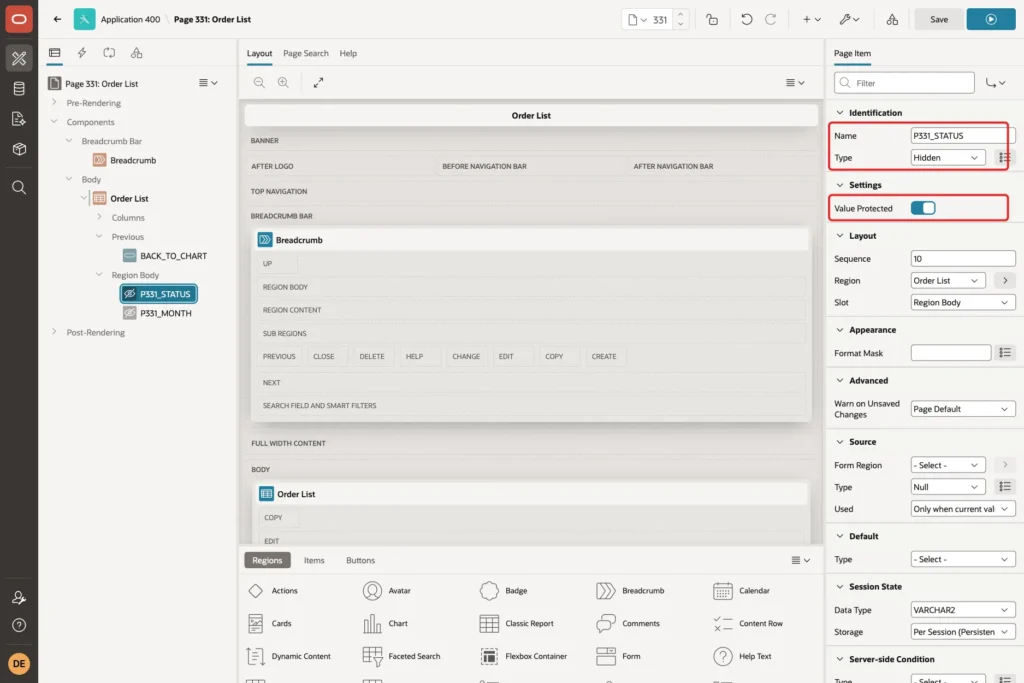 Page Designer with the hidden item P331_STATUS selected, Name, Type Hidden and Value Protected marked with red boxes