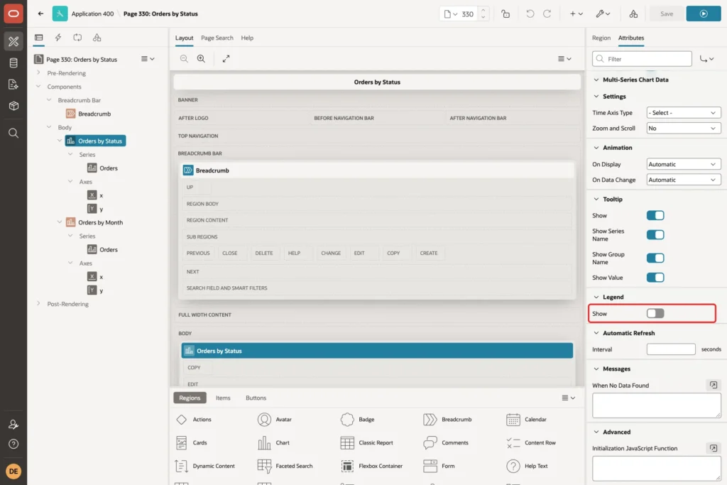 Chart region Attributes in Page Designer with Legend Show turned off and marked with a red box