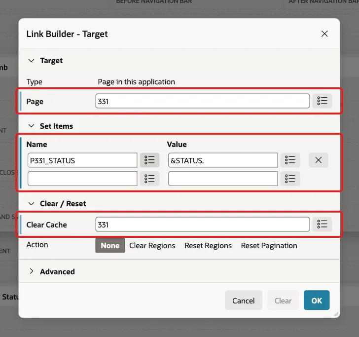 Link Builder Target dialog with Page 331, item P331_STATUS set to &STATUS. and Clear Cache 331 marked with red boxes