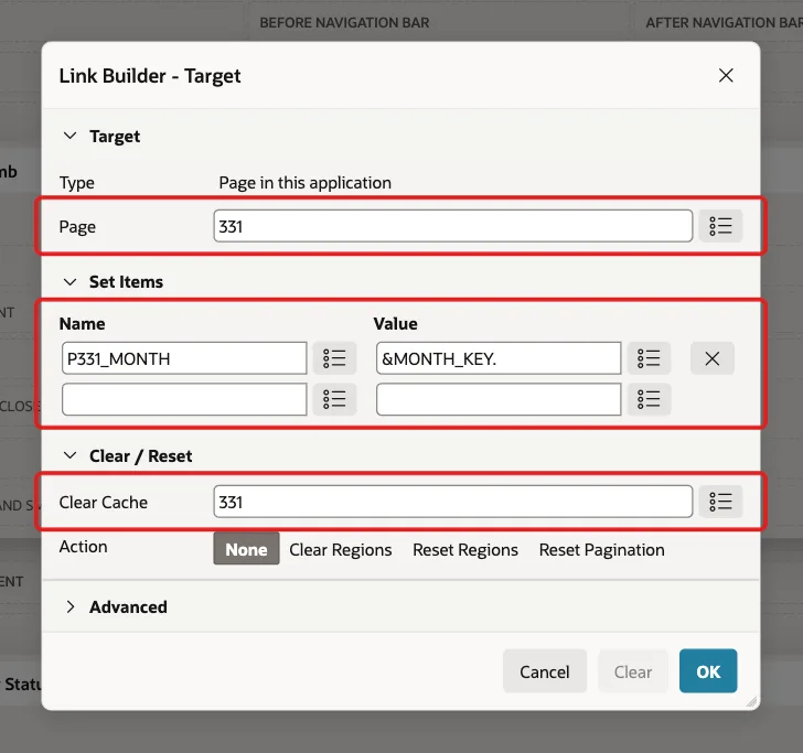 Link Builder Target dialog with Page 331, item P331_MONTH set to &MONTH_KEY. and Clear Cache 331 marked with red boxes