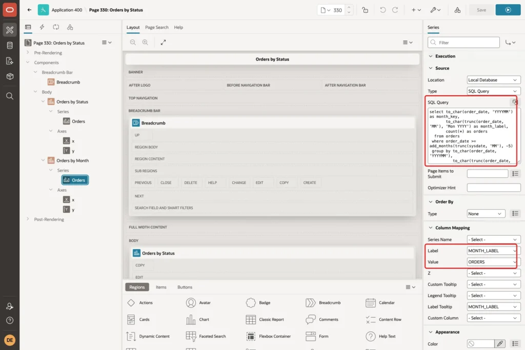 Month series in Page Designer with the SQL Query and the Column Mapping Label MONTH_LABEL and Value ORDERS marked with red boxes