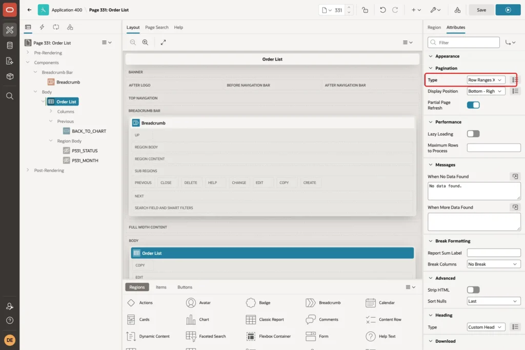 Classic report Attributes in Page Designer with Pagination Type Row Ranges X to Y of Z marked with a red box