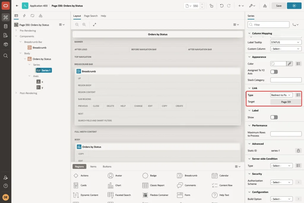 Series Link group in Page Designer with Type Redirect to Page and Target Page 331 marked with a red box