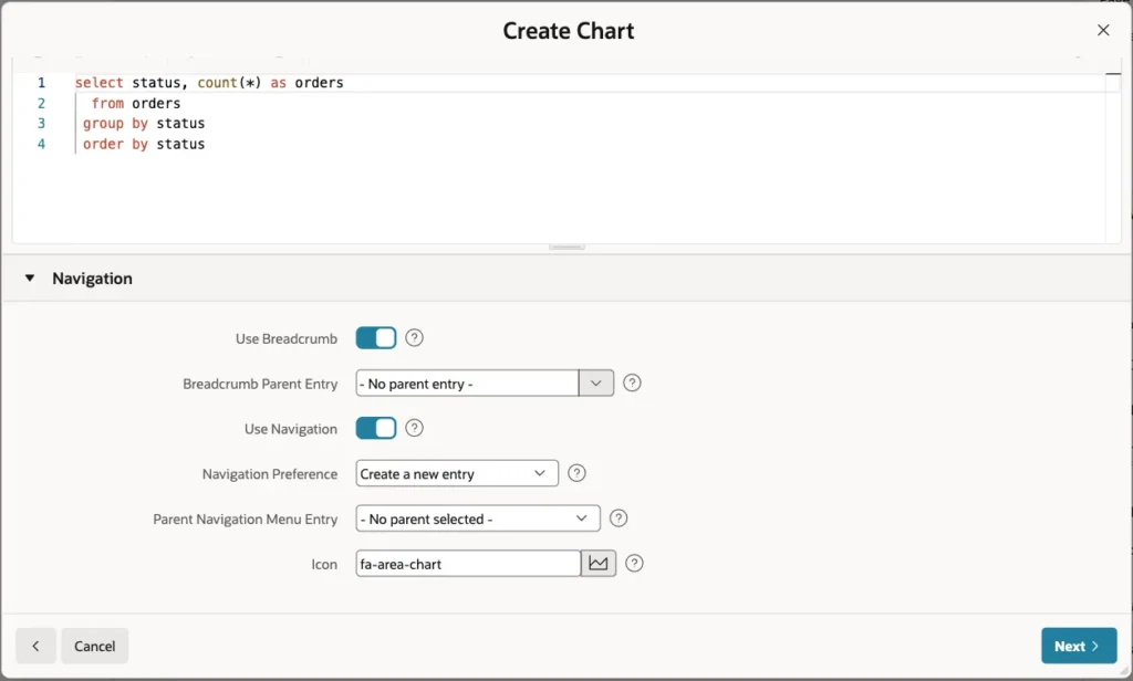 Navigation section of the Create Chart wizard with Use Breadcrumb and Use Navigation turned on