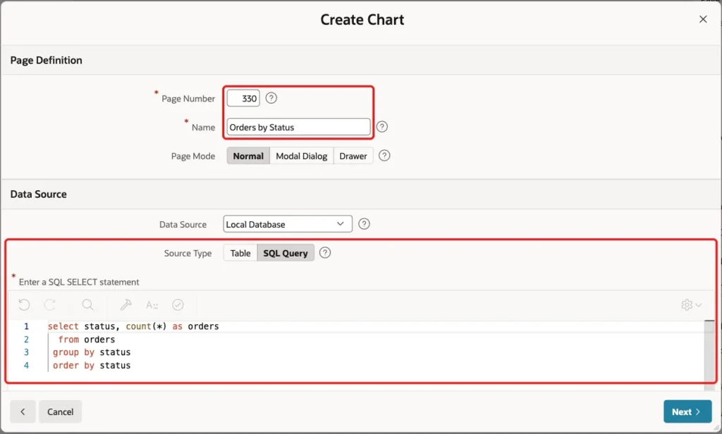 Create Chart wizard with Page Number 330, Name Orders by Status and the SQL Query marked with red boxes