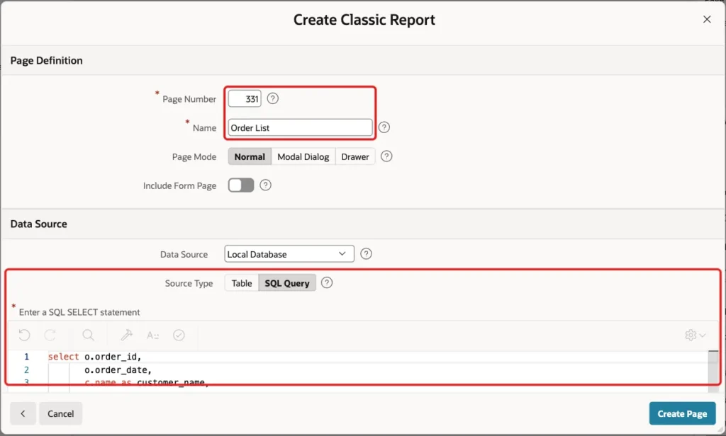 Create Classic Report wizard with Page Number 331, Name Order List and the SQL Query marked with red boxes