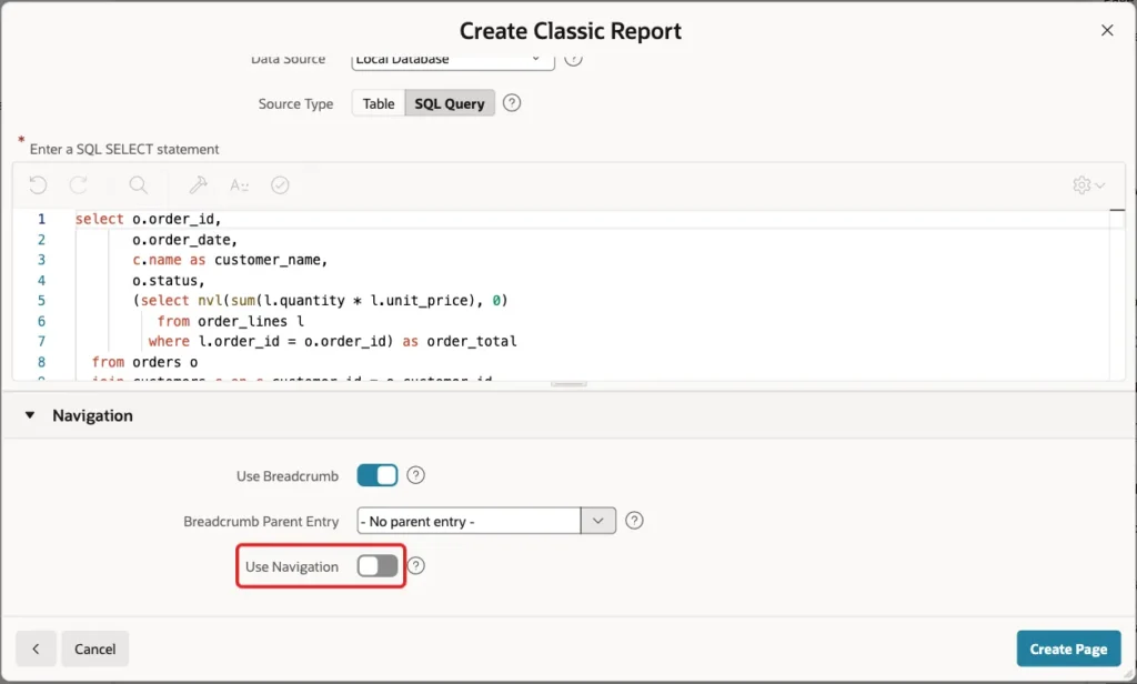 Navigation section of the Create Classic Report wizard with Use Navigation turned off and marked with a red box