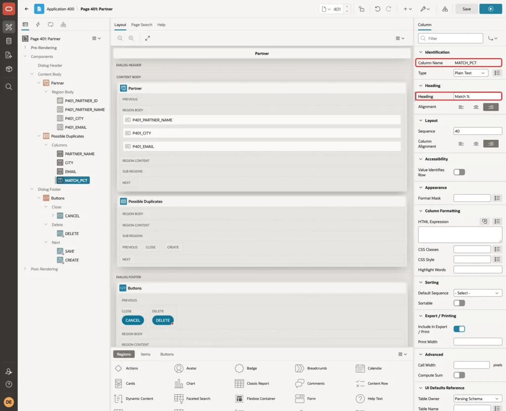 Page Designer with column MATCH_PCT selected and Heading Match % marked with a red box
