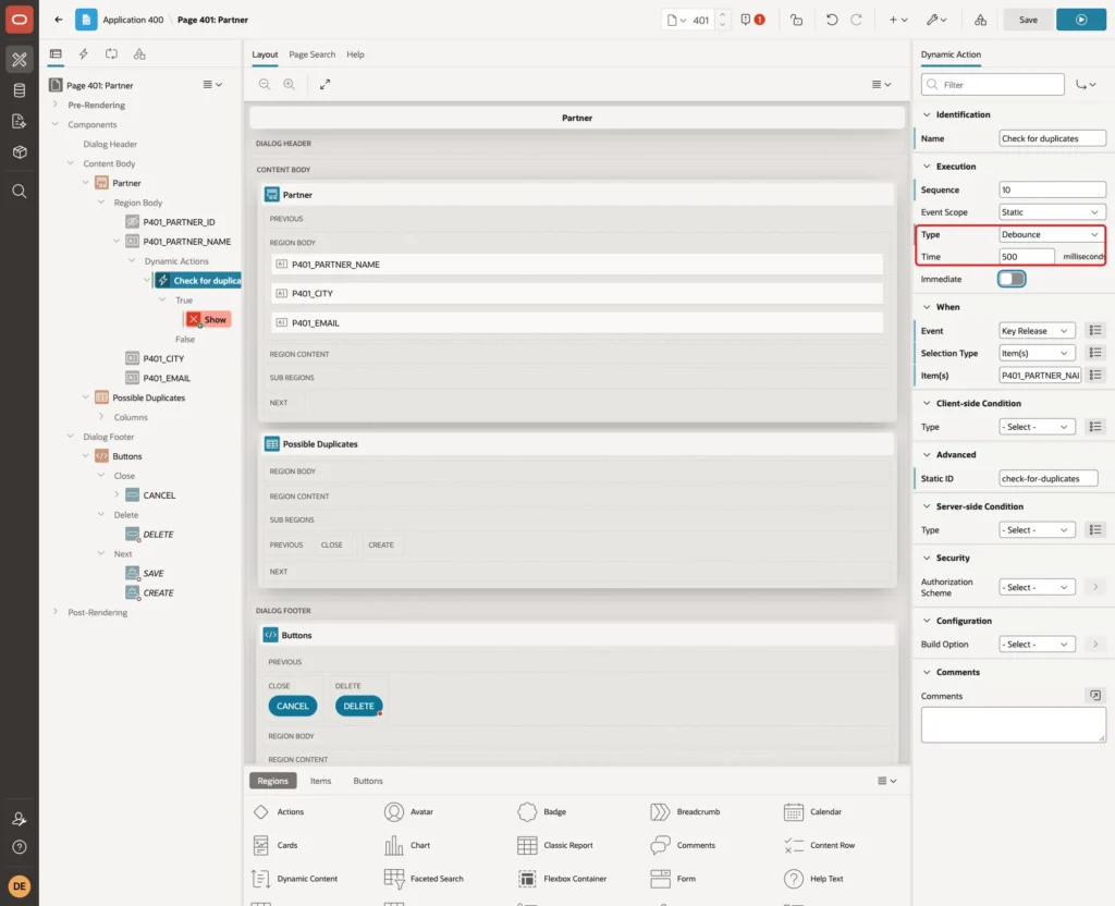Execution group with Type Debounce and Time 500 milliseconds marked with a red box