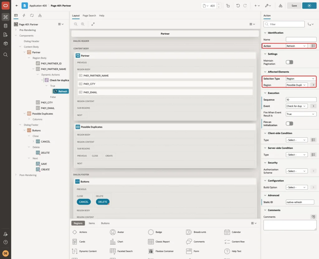 Action properties with Action Refresh, Selection Type Region and Region Possible Duplicates marked with red boxes