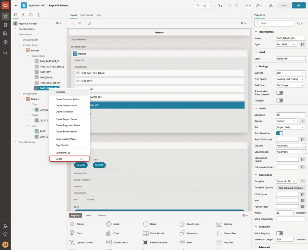 Page Designer with the context menu of P401_NAME_KEY and the Delete entry marked with a red box