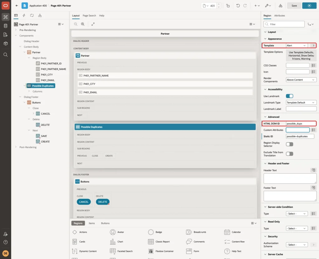 Appearance and Advanced groups with Template Alert and HTML DOM ID possible_dups marked with red boxes