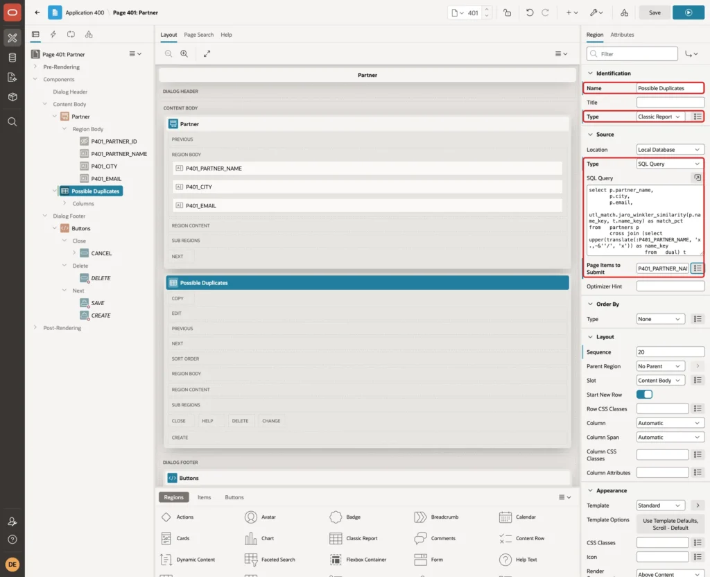Page Designer with the Possible Duplicates region, Name, Type Classic Report, Source Type SQL Query, the SQL Query and Page Items to Submit marked with red boxes