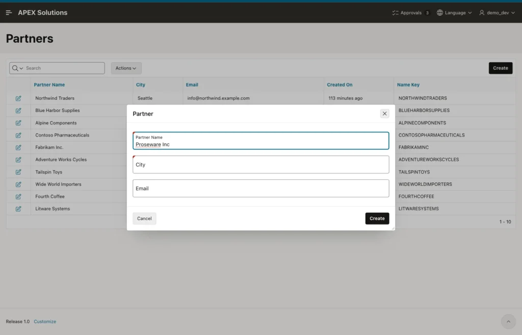 Partner dialog with Partner Name Proseware Inc and no warning region