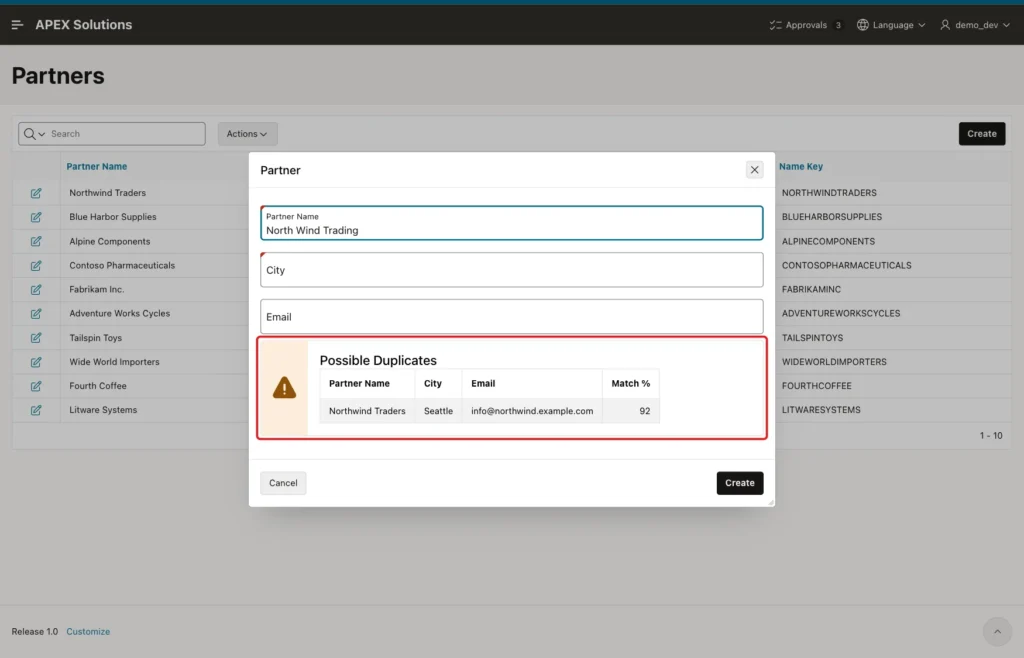 Partner dialog with Partner Name North Wind Trading and the Possible Duplicates warning listing Northwind Traders, Seattle, score 92, marked with a red box