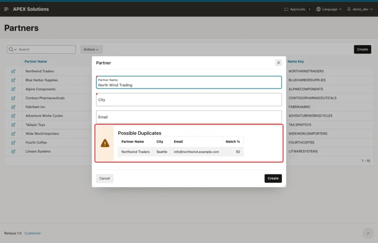 Partner dialog with Partner Name North Wind Trading and the Possible Duplicates warning listing Northwind Traders, Seattle, score 92, marked with a red box