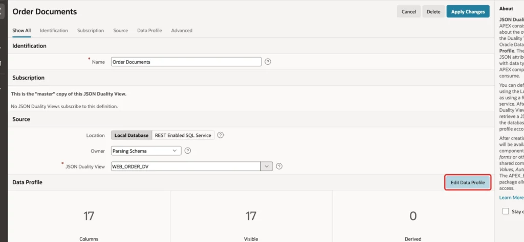 Edit JSON Duality View page with the Edit Data Profile button marked with a red box