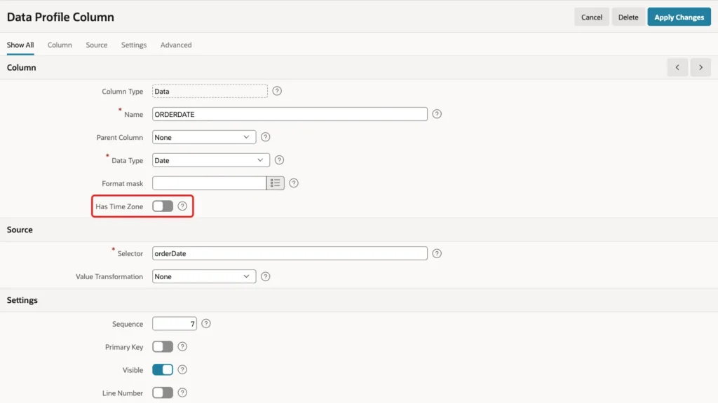 Data Profile Column page for ORDERDATE with Has Time Zone turned off and marked with a red box