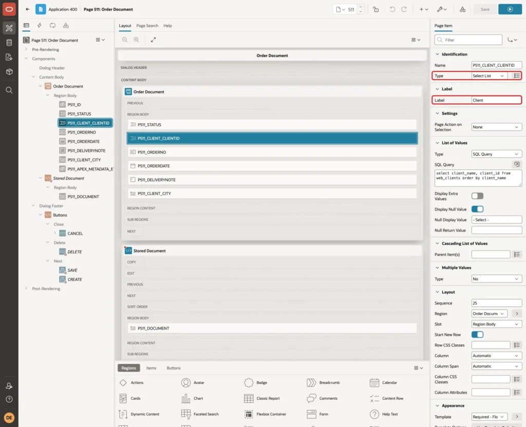 P511_CLIENT_CLIENTID with Type Select List and Label Client marked with red boxes
