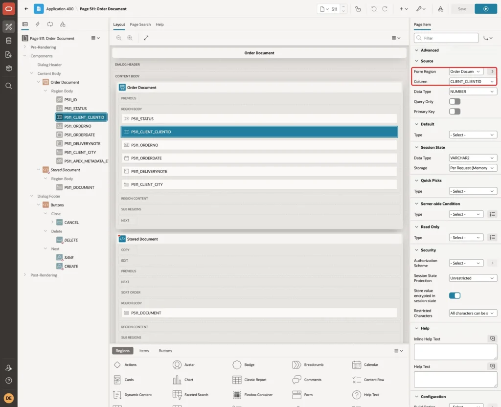 P511_CLIENT_CLIENTID with Source Form Region Order Document and Column CLIENT_CLIENTID marked with a red box