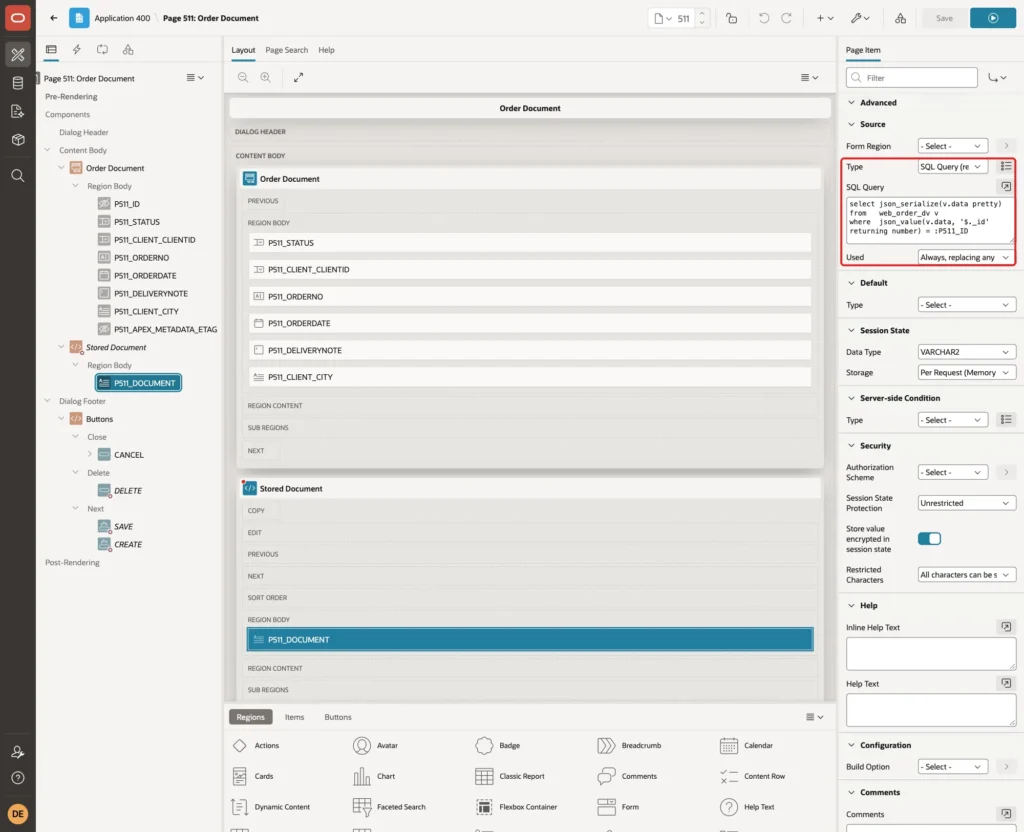 P511_DOCUMENT with Source Type SQL Query, the JSON_SERIALIZE query and Used Always marked with a red box
