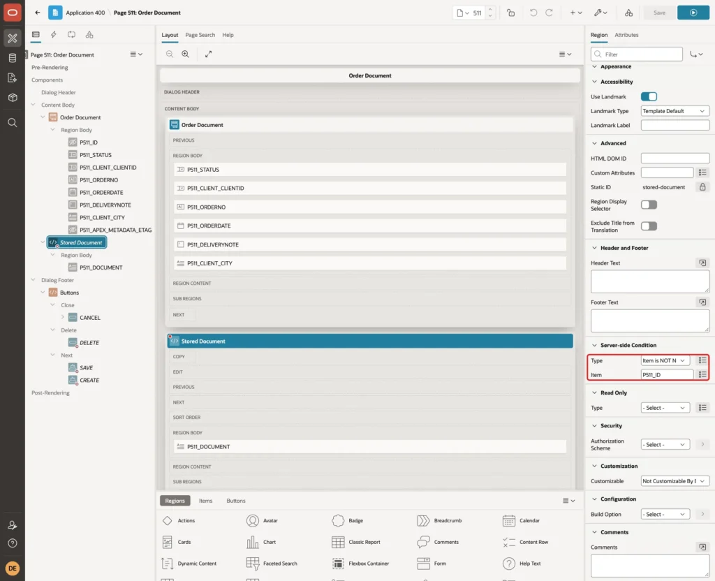 Stored Document region with Server-side Condition Type Item is NOT NULL and Item P511_ID marked with a red box