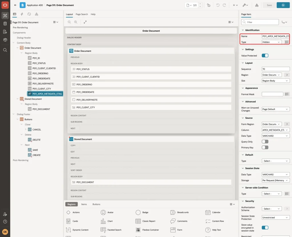 New page item P511_APEX_METADATA_ETAG with Type Hidden marked with a red box