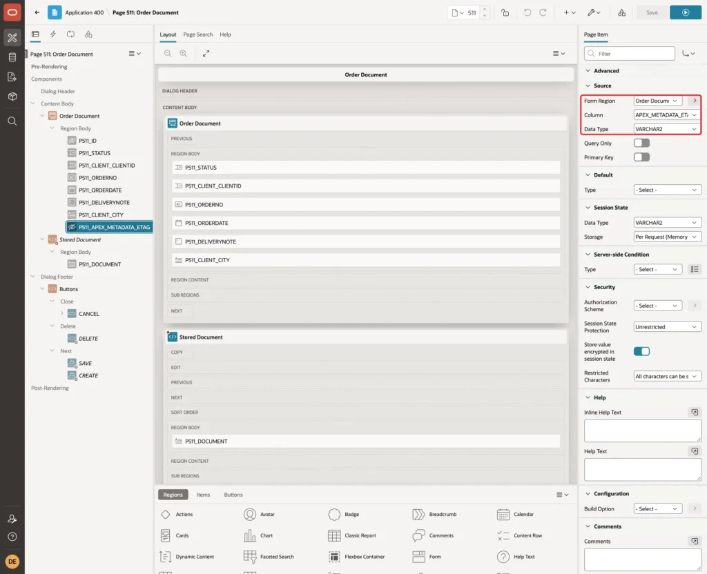 P511_APEX_METADATA_ETAG with Source Form Region Order Document, Column APEX_METADATA_ETAG and Data Type VARCHAR2 marked with a red box